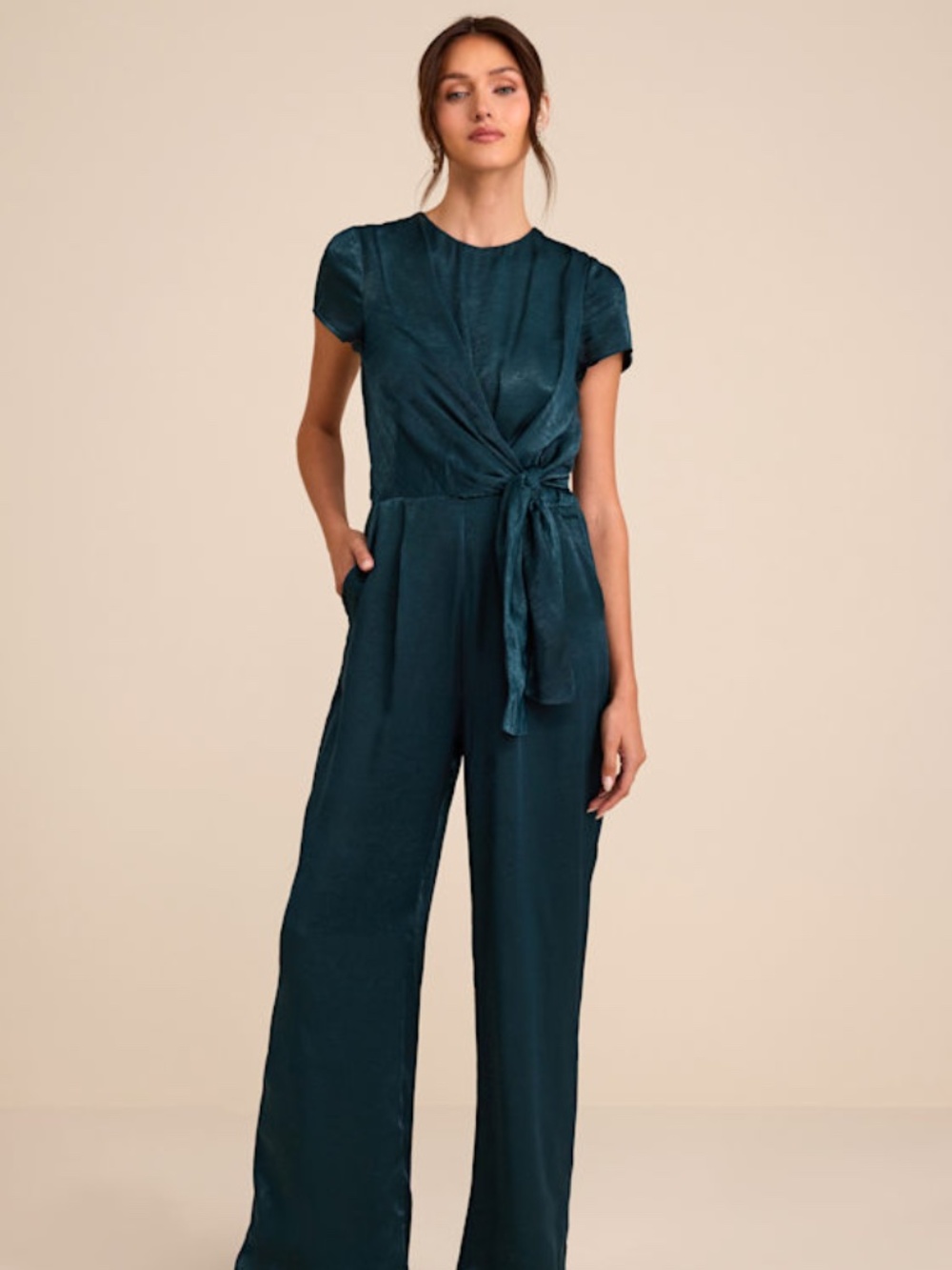 Lulus Let Me Entertain You Dark Green Satin Wide-leg Jumpsuit - Size M